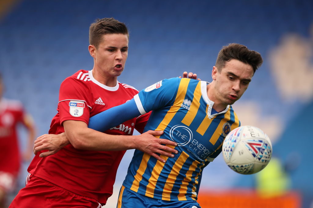 SHREWSBURY, ENGLAND - OCTOBER 06: Callum Johnson of Accrington Stanley and Alex Gilliead of Shrewsbury Town during the Sky Bet League One match between Shrewsbury Town and Accrington Stanley at New Meadow on October 6, 2018 in Shrewsbury, United Kingdom. (Photo by Matthew Ashton - AMA/Getty Images)