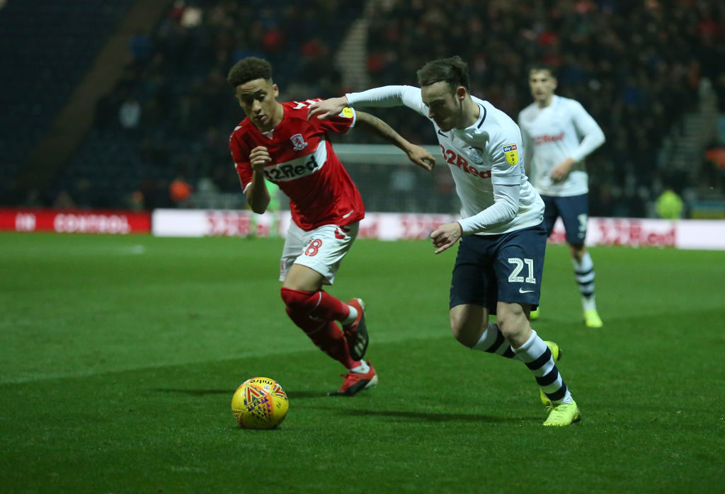 PRESTON, ENGLAND - NOVEMBER 27:  Preston North End's Brandon Barker crosses the ball despite the attentions of Middlesbrough's Marcus Tavernier during the Sky Bet Championship match between Preston North End and Middlesbrough at Deepdale on November 27, 2018 in Preston, England. (Photo by Stephen White - CameraSport via Getty Images)