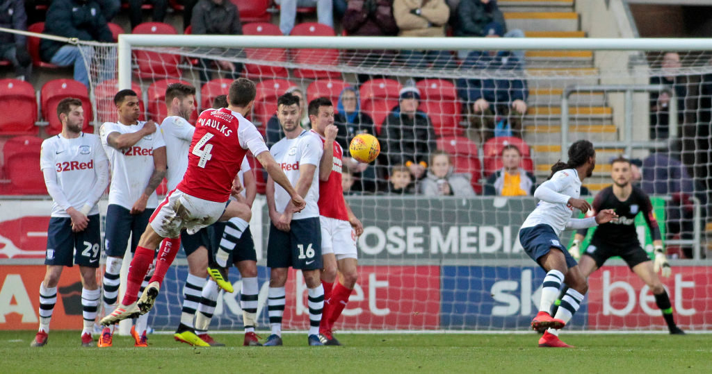 ROTHERHAM, ENGLAND - JANUARY 01: Rotherham United's Will Vaulks watches on as his shot beats Preston North End goalkeeper Preston North End's Declan Rudd to make it 1-0 during the Sky Bet Championship match between Rotherham United and Preston North End at The New York Stadium on January 1, 2019 in Rotherham, England. (Photo by David Shipman - CameraSport via Getty Images)