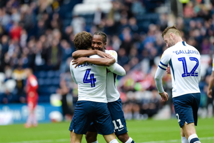 Preston North End midfielder Daniel Johnson congratulates goalscorer Preston North End midfielder Ben Pearson during the Sky Bet Championship match...