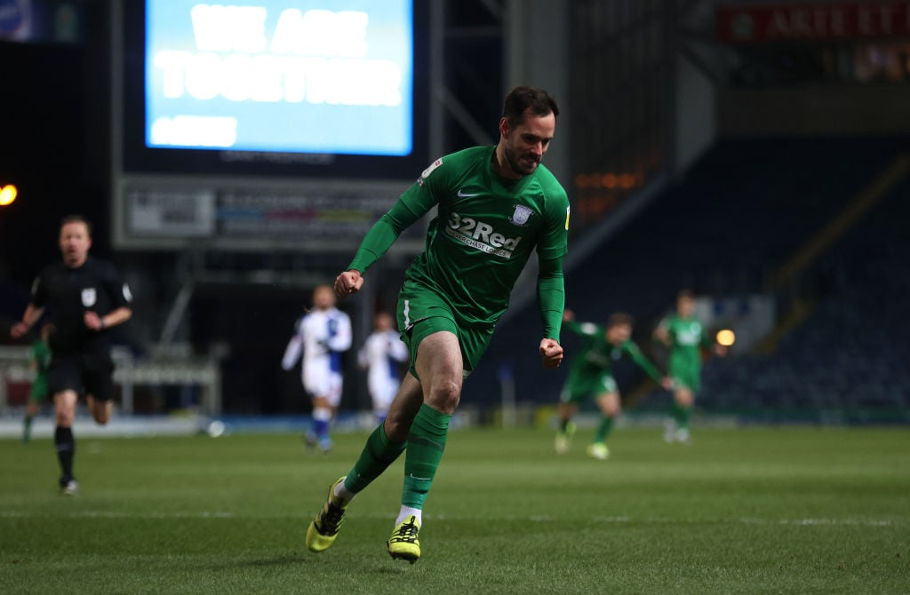 Greg Cunningham of Preston North End celebrates scoring the first goal during the Sky Bet Championship match between Blackburn Rovers and Preston N...