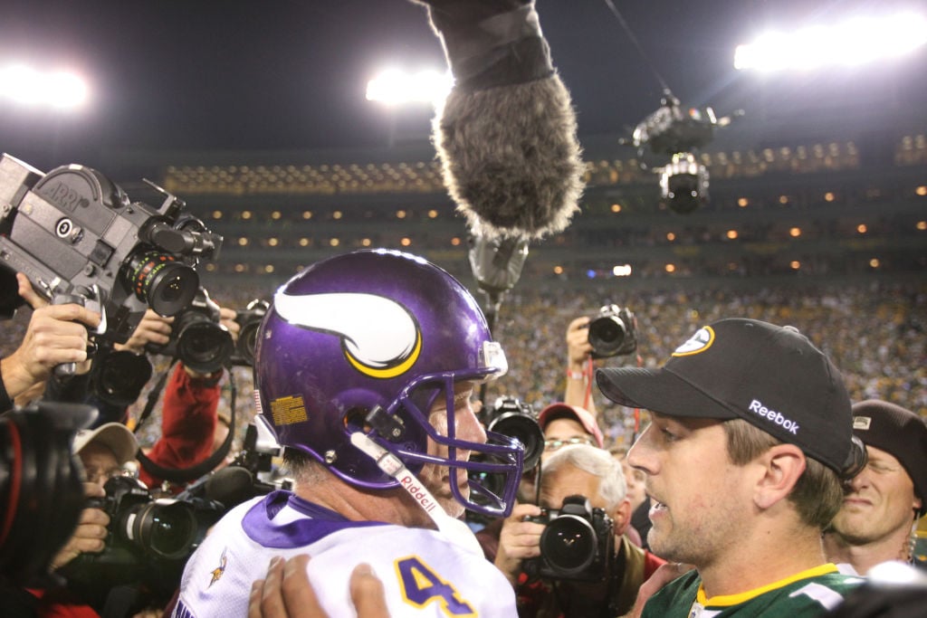 Green Bay  ,WI,10/24/2010‚Ä¢ jgholt@startribune.com---     	Vikings @ Green Bay  Sunday night football.. .----IN THIS PHOTO- ] Brett Favre hugged Aaron Rodgers after Green Bay beat Minnesota 28-24.