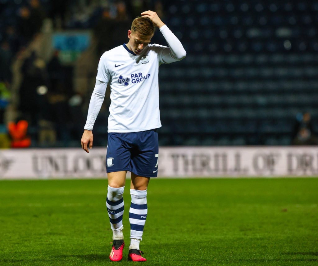 Preston North End's Liam Delap leaves the field dejected after the Sky Bet Championship between Preston North End and Coventry City at Deepdale on ...