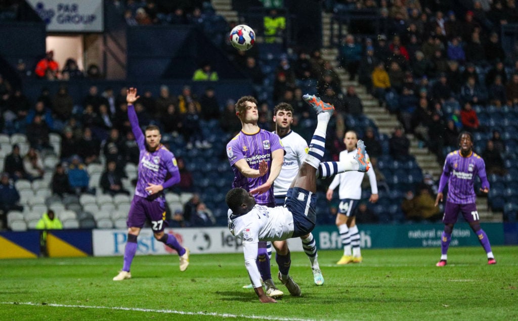 Preston North End's Bambo Diaby tries an overhead kick during the Sky Bet Championship between Preston North End and Coventry City at Deepdale on F...