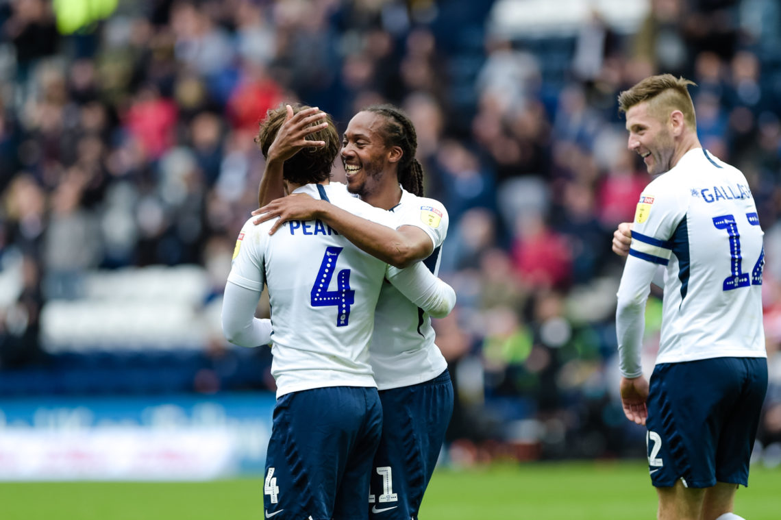 Preston North End midfielder Daniel Johnson congratulates goalscorer Preston North End midfielder Ben Pearson during the Sky Bet Championship match...
