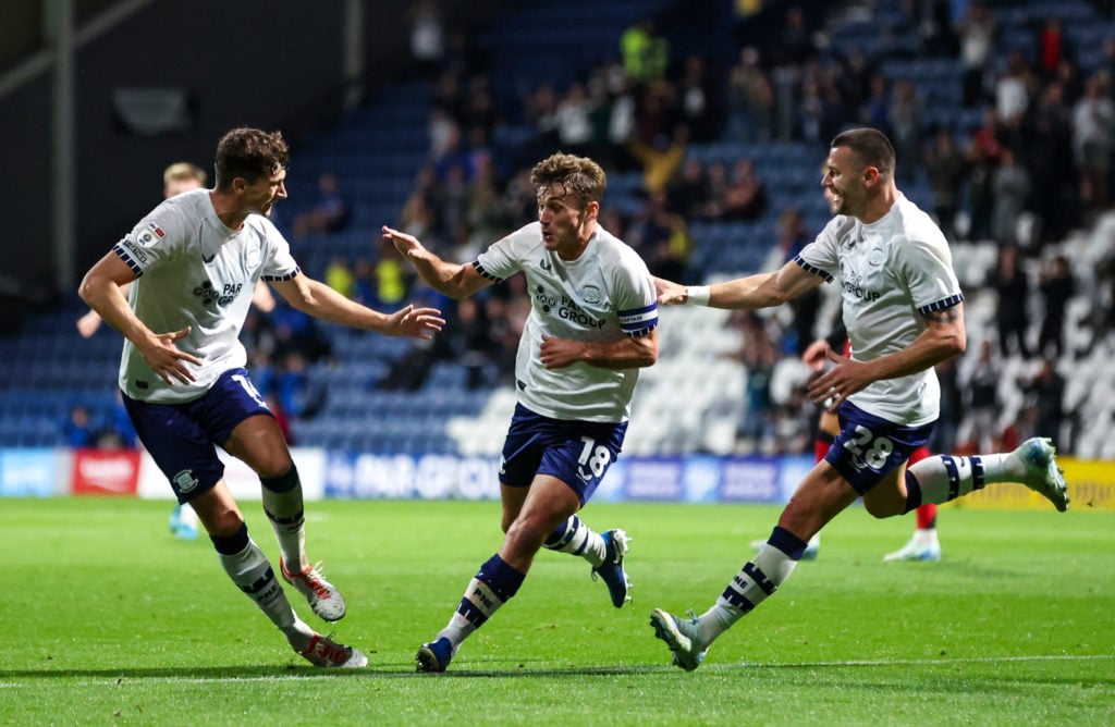 Preston North End's Ryan Ledson (18) celebrates scoring the opening goal during the Carabao Cup Third Round match between Preston North End and Ful...