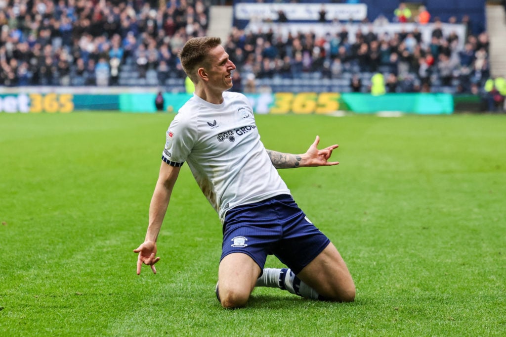 Preston North End's Emil Riis Jakobsen celebrates scoring the opening goal during the Sky Bet Championship match between Preston North End FC and S...